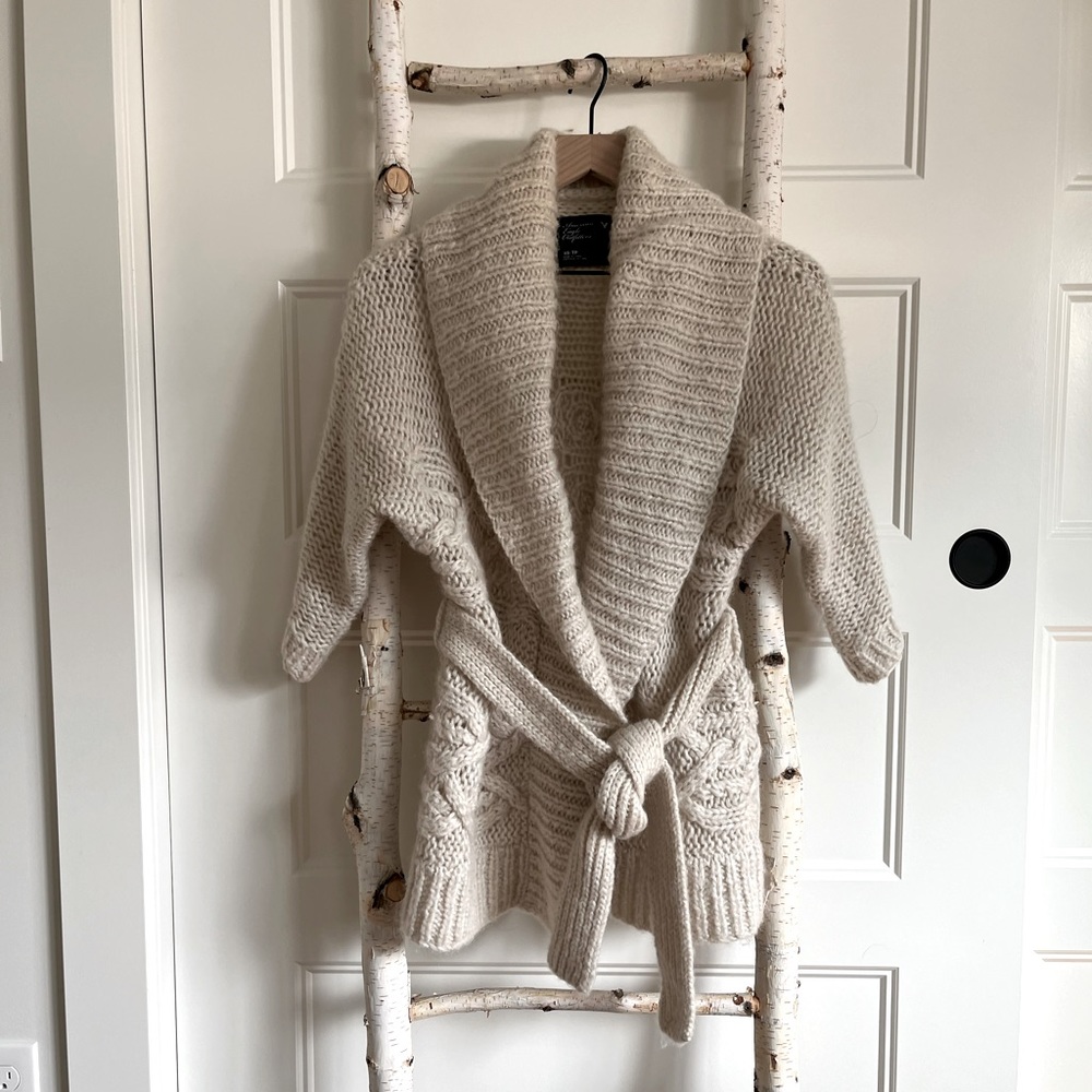 American Eagle Outfitters Cream Knit Shawl Collar Cardigan